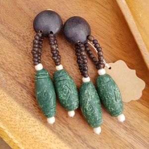 Vintage Clip On Wood & Clay Dangle Earrings